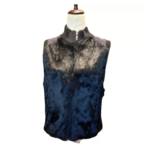 Jamie Sadock Black Rabbit Fur Sweater Vest W/pockets Size Large - Picture 1 of 8